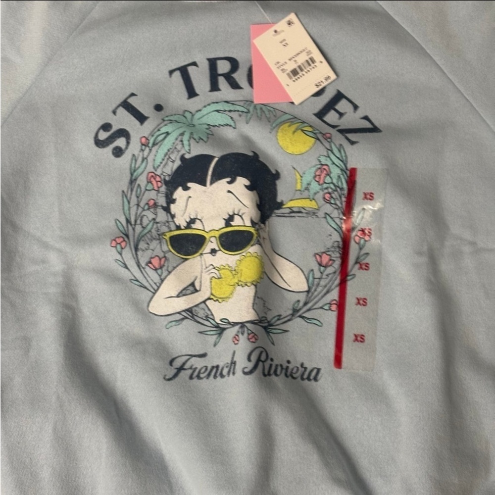 BETTY BOOP ST. TROPEZ BABY BLUE TROPICAL VACATION GRAPHIC CREWNECK SWEATSHIRT XS - Picture 4 of 5